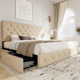 Allewie Upholstered Queen Size Platform Bed Frame with 4 Storage Drawers and Headboard, Square Stitched Button Tufted, Mattress Foundation with Wooden Slats Support, No Box Spring Needed - Wigtrends
