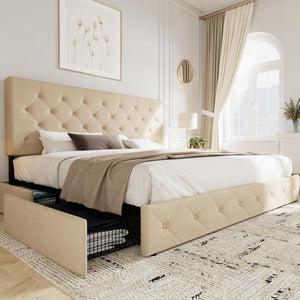 Allewie Upholstered Queen Size Platform Bed Frame with 4 Storage Drawers and Headboard, Square Stitched Button Tufted, Mattress Foundation with Wooden Slats Support, No Box Spring Needed - Wigtrends