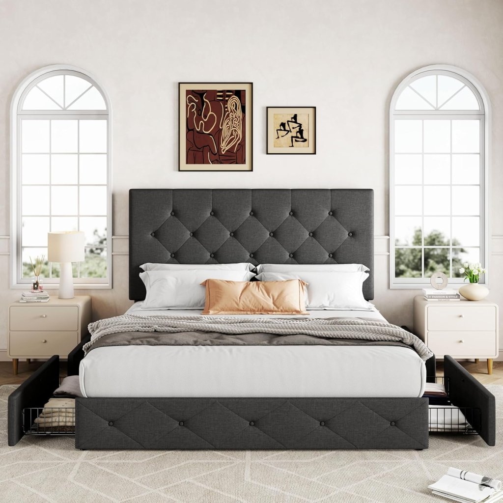 Allewie Upholstered Queen Size Platform Bed Frame with 4 Storage Drawers and Headboard, Square Stitched Button Tufted, Mattress Foundation with Wooden Slats Support, No Box Spring Needed - Wigtrends
