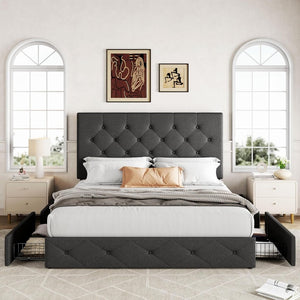 Allewie Upholstered Queen Size Platform Bed Frame with 4 Storage Drawers and Headboard, Square Stitched Button Tufted, Mattress Foundation with Wooden Slats Support, No Box Spring Needed - Wigtrends