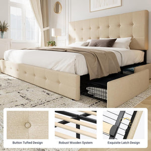 Allewie Upholstered Queen Size Platform Bed Frame with 4 Storage Drawers and Headboard, Square Stitched Button Tufted, Mattress Foundation with Wooden Slats Support, No Box Spring Needed - Wigtrends