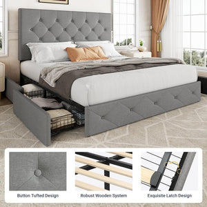 Allewie Upholstered Queen Size Platform Bed Frame with 4 Storage Drawers and Headboard, Square Stitched Button Tufted, Mattress Foundation with Wooden Slats Support, No Box Spring Needed - Wigtrends