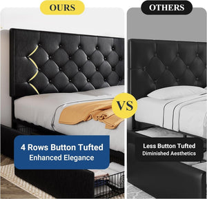 Allewie Upholstered Queen Size Platform Bed Frame with 4 Storage Drawers and Headboard, Square Stitched Button Tufted, Mattress Foundation with Wooden Slats Support, No Box Spring Needed - Wigtrends