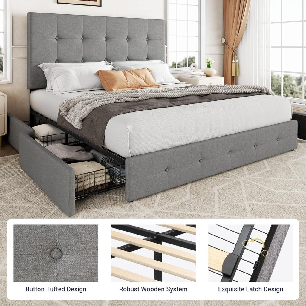 Allewie Upholstered Queen Size Platform Bed Frame with 4 Storage Drawers and Headboard, Square Stitched Button Tufted, Mattress Foundation with Wooden Slats Support, No Box Spring Needed - Wigtrends