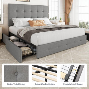 Allewie Upholstered Queen Size Platform Bed Frame with 4 Storage Drawers and Headboard, Square Stitched Button Tufted, Mattress Foundation with Wooden Slats Support, No Box Spring Needed - Wigtrends