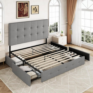 Allewie Upholstered Queen Size Platform Bed Frame with 4 Storage Drawers and Headboard, Square Stitched Button Tufted, Mattress Foundation with Wooden Slats Support, No Box Spring Needed - Wigtrends