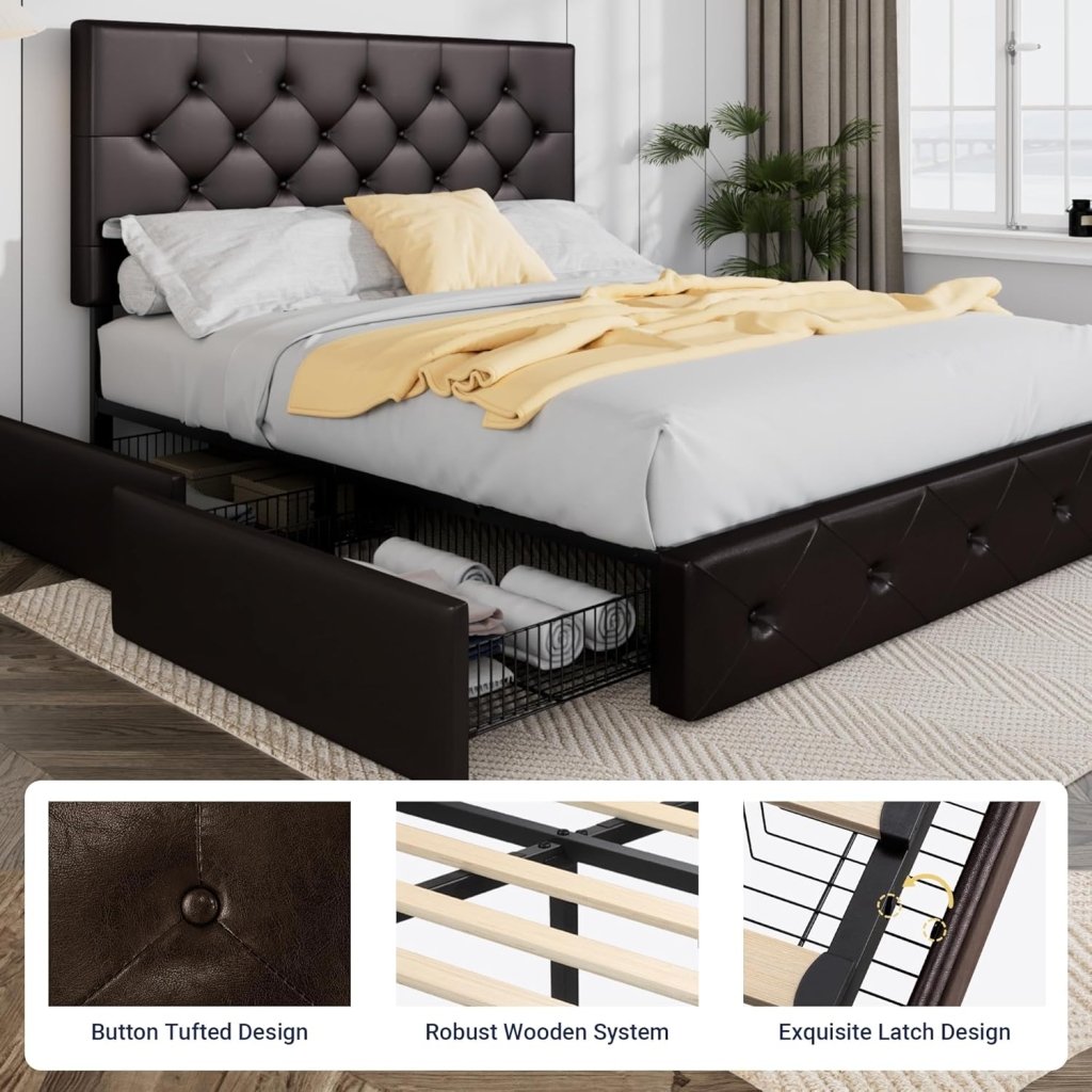 Allewie Upholstered Queen Size Platform Bed Frame with 4 Storage Drawers and Headboard, Square Stitched Button Tufted, Mattress Foundation with Wooden Slats Support, No Box Spring Needed - Wigtrends