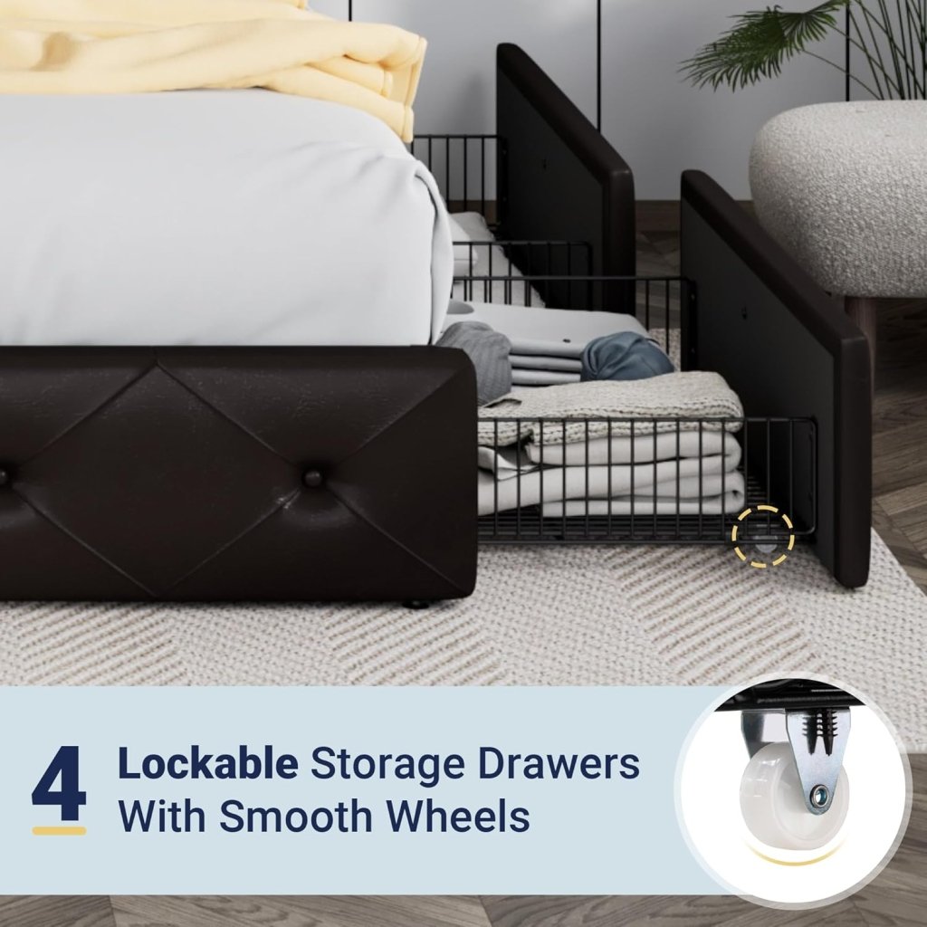 Allewie Upholstered Queen Size Platform Bed Frame with 4 Storage Drawers and Headboard, Square Stitched Button Tufted, Mattress Foundation with Wooden Slats Support, No Box Spring Needed - Wigtrends