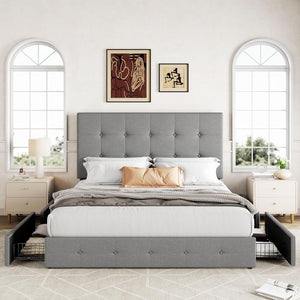 Allewie Upholstered Queen Size Platform Bed Frame with 4 Storage Drawers and Headboard, Square Stitched Button Tufted, Mattress Foundation with Wooden Slats Support, No Box Spring Needed - Wigtrends