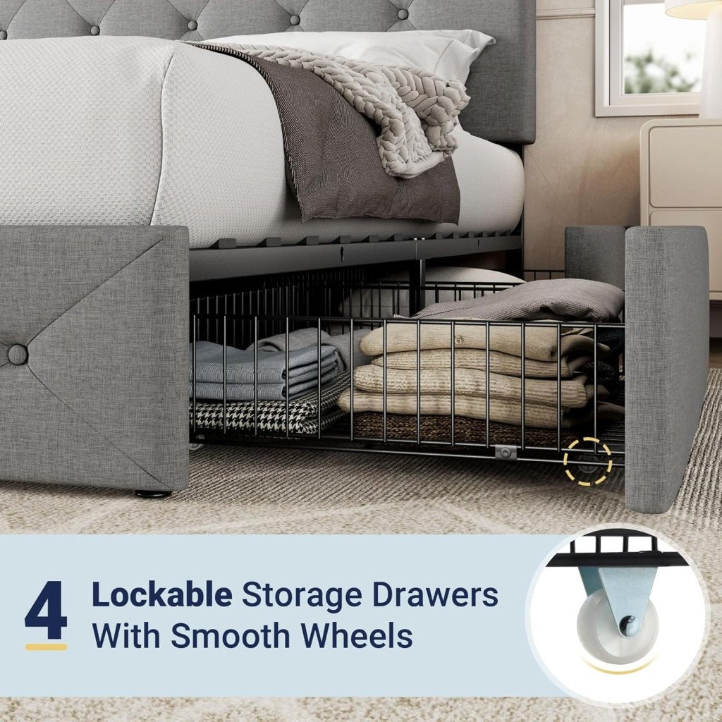 Allewie Upholstered Queen Size Platform Bed Frame with 4 Storage Drawers and Headboard, Square Stitched Button Tufted, Mattress Foundation with Wooden Slats Support, No Box Spring Needed - Wigtrends