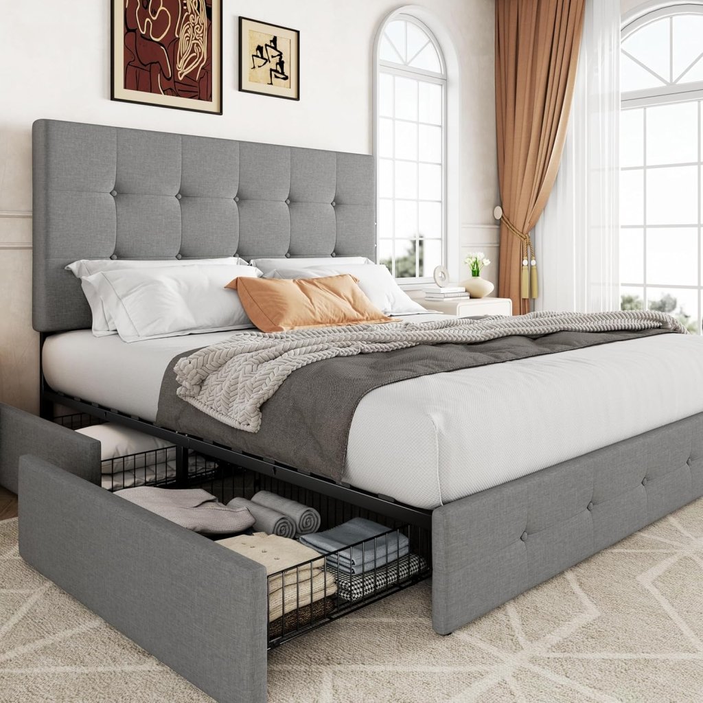 Allewie Upholstered Queen Size Platform Bed Frame with 4 Storage Drawers and Headboard, Square Stitched Button Tufted, Mattress Foundation with Wooden Slats Support, No Box Spring Needed - Wigtrends