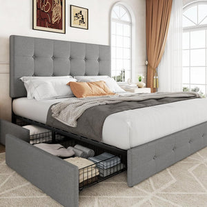 Allewie Upholstered Queen Size Platform Bed Frame with 4 Storage Drawers and Headboard, Square Stitched Button Tufted, Mattress Foundation with Wooden Slats Support, No Box Spring Needed - Wigtrends