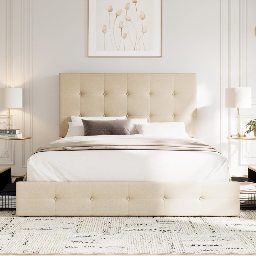 Allewie Upholstered Queen Size Platform Bed Frame with 4 Storage Drawers and Headboard, Square Stitched Button Tufted, Mattress Foundation with Wooden Slats Support, No Box Spring Needed - Wigtrends