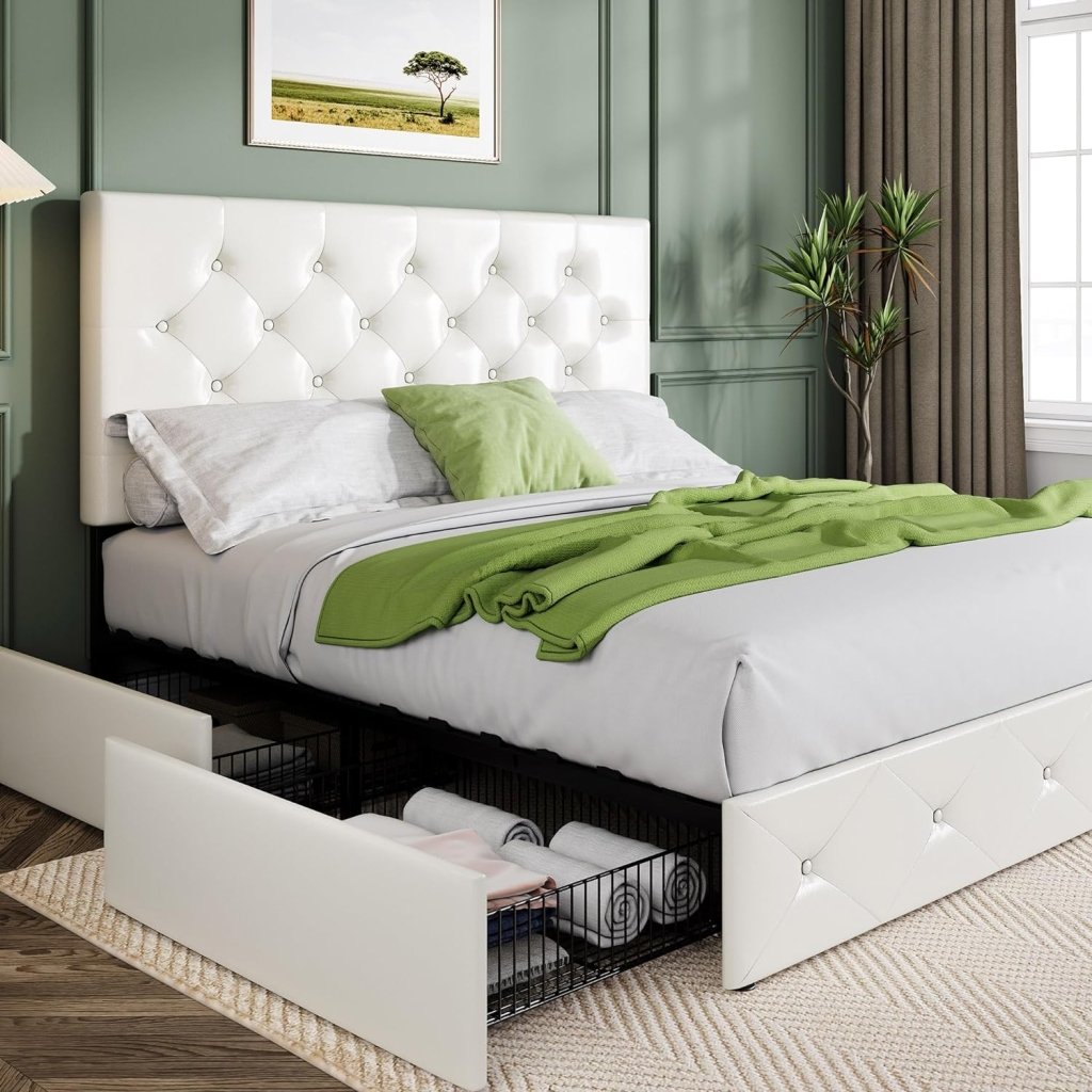 Allewie Upholstered Queen Size Platform Bed Frame with 4 Storage Drawers and Headboard, Square Stitched Button Tufted, Mattress Foundation with Wooden Slats Support, No Box Spring Needed - Wigtrends