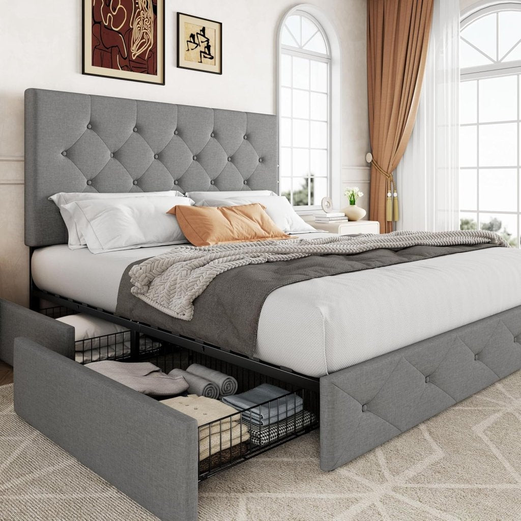 Allewie Upholstered Queen Size Platform Bed Frame with 4 Storage Drawers and Headboard, Square Stitched Button Tufted, Mattress Foundation with Wooden Slats Support, No Box Spring Needed - Wigtrends