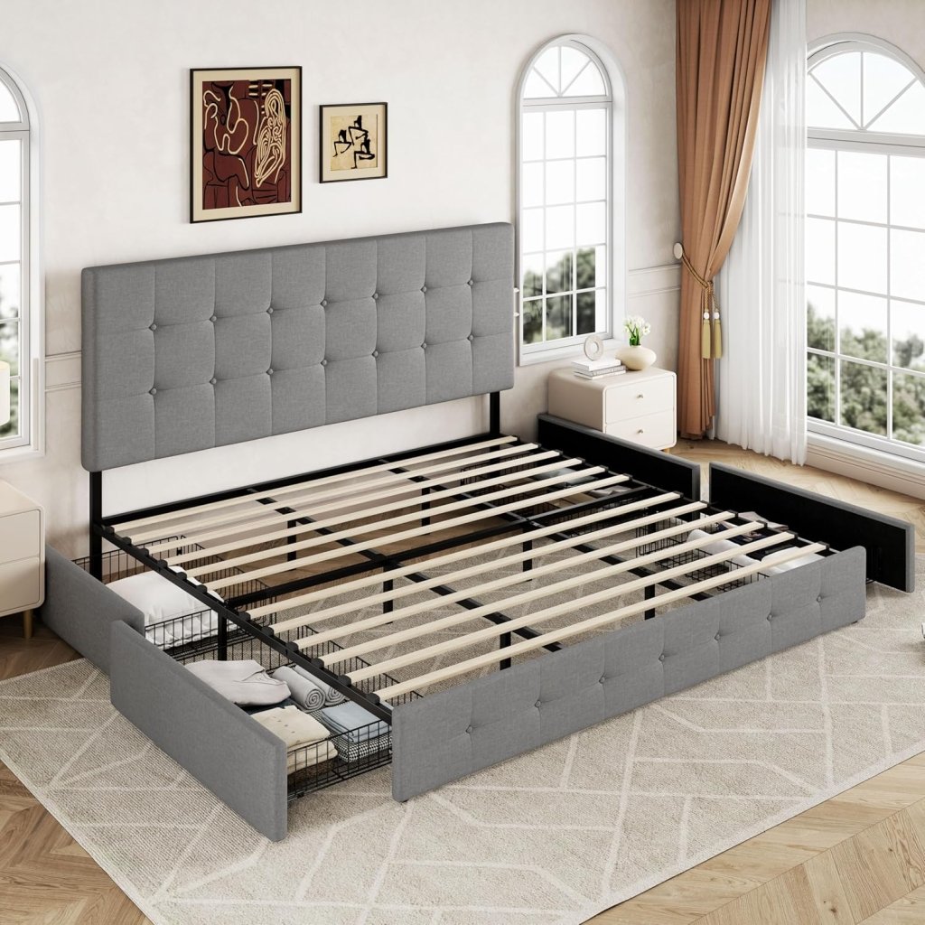 Allewie Upholstered Queen Size Platform Bed Frame with 4 Storage Drawers and Headboard, Square Stitched Button Tufted, Mattress Foundation with Wooden Slats Support, No Box Spring Needed - Wigtrends