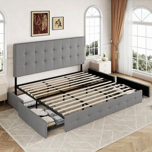 Allewie Upholstered Queen Size Platform Bed Frame with 4 Storage Drawers and Headboard, Square Stitched Button Tufted, Mattress Foundation with Wooden Slats Support, No Box Spring Needed - Wigtrends