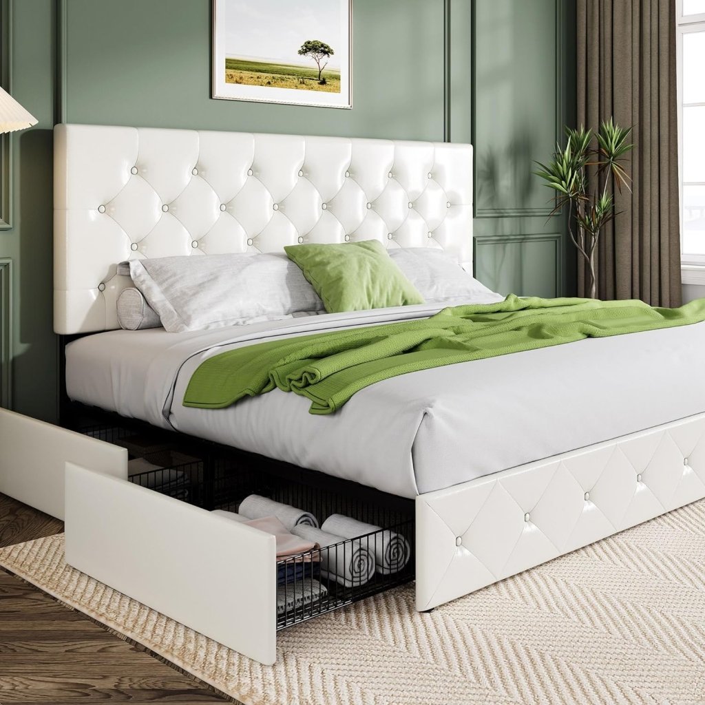 Allewie Upholstered Queen Size Platform Bed Frame with 4 Storage Drawers and Headboard, Square Stitched Button Tufted, Mattress Foundation with Wooden Slats Support, No Box Spring Needed - Wigtrends