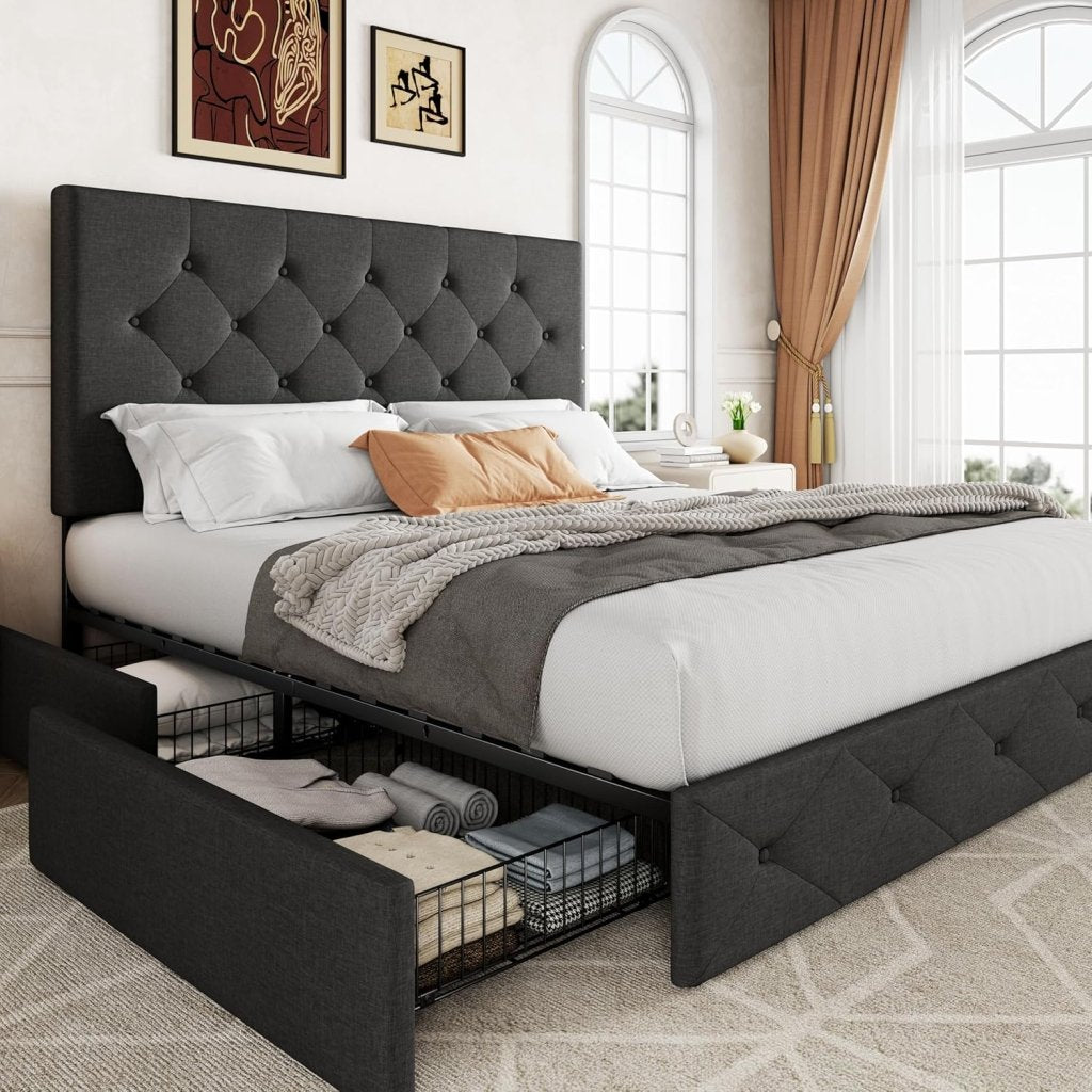Allewie Upholstered Queen Size Platform Bed Frame with 4 Storage Drawers and Headboard, Square Stitched Button Tufted, Mattress Foundation with Wooden Slats Support, No Box Spring Needed - Wigtrends