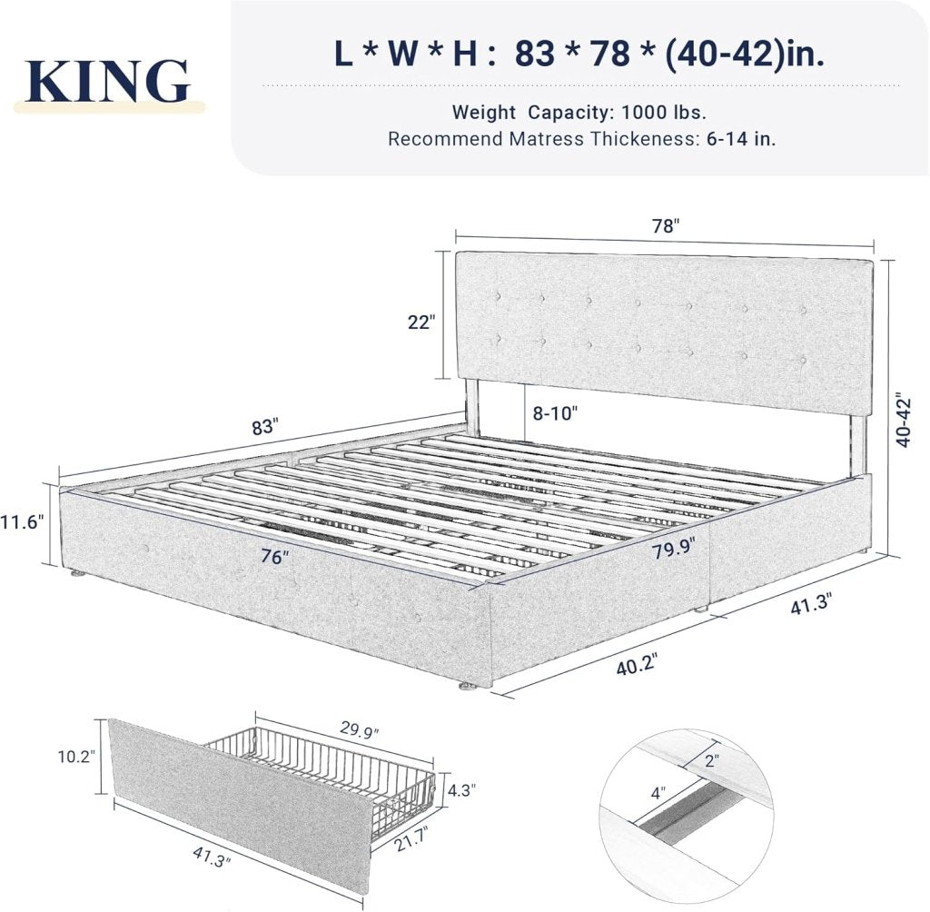 Allewie Upholstered Queen Size Platform Bed Frame with 4 Storage Drawers and Headboard, Square Stitched Button Tufted, Mattress Foundation with Wooden Slats Support, No Box Spring Needed - Wigtrends