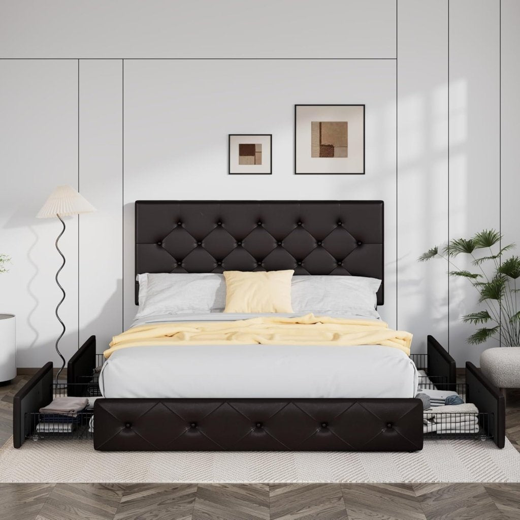Allewie Upholstered Queen Size Platform Bed Frame with 4 Storage Drawers and Headboard, Square Stitched Button Tufted, Mattress Foundation with Wooden Slats Support, No Box Spring Needed - Wigtrends