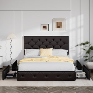 Allewie Upholstered Queen Size Platform Bed Frame with 4 Storage Drawers and Headboard, Square Stitched Button Tufted, Mattress Foundation with Wooden Slats Support, No Box Spring Needed - Wigtrends