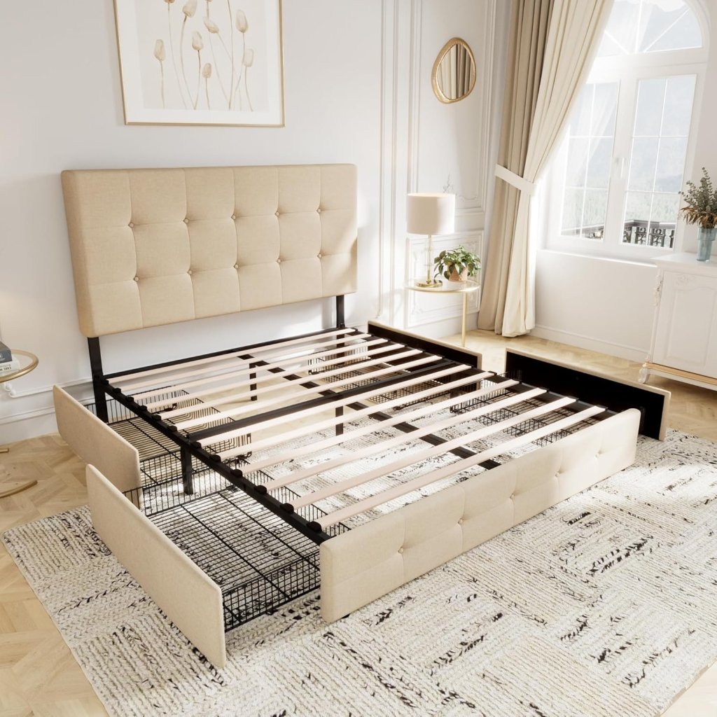 Allewie Upholstered Queen Size Platform Bed Frame with 4 Storage Drawers and Headboard, Square Stitched Button Tufted, Mattress Foundation with Wooden Slats Support, No Box Spring Needed - Wigtrends
