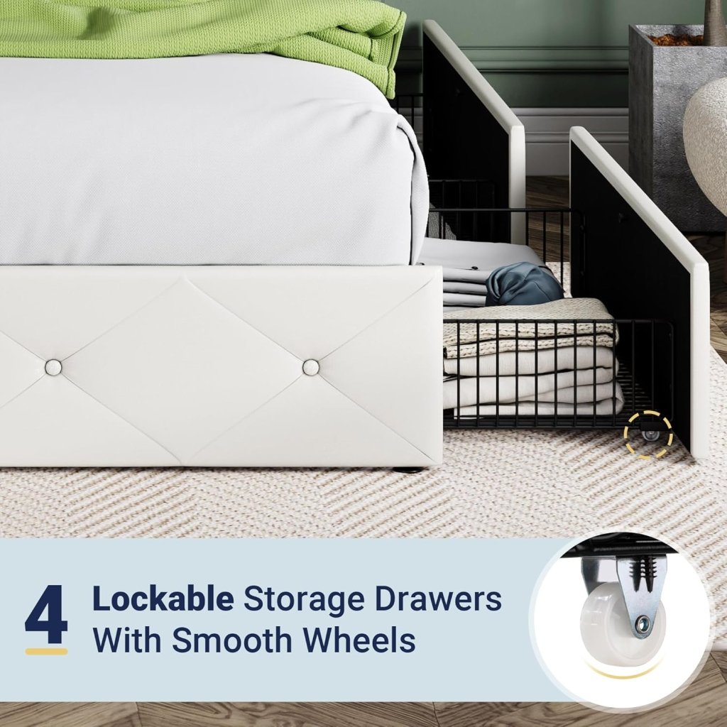 Allewie Upholstered Queen Size Platform Bed Frame with 4 Storage Drawers and Headboard, Square Stitched Button Tufted, Mattress Foundation with Wooden Slats Support, No Box Spring Needed - Wigtrends