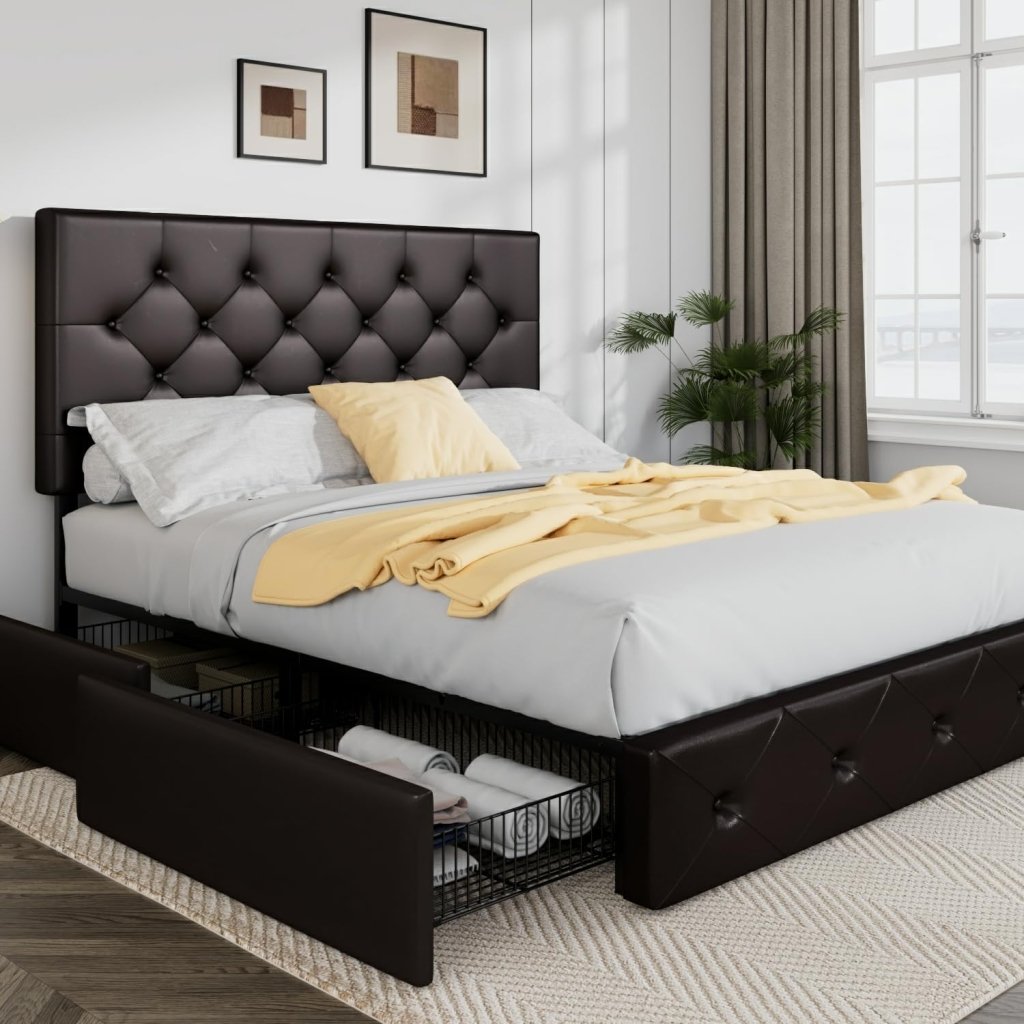 Allewie Upholstered Queen Size Platform Bed Frame with 4 Storage Drawers and Headboard, Square Stitched Button Tufted, Mattress Foundation with Wooden Slats Support, No Box Spring Needed - Wigtrends