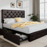 Allewie Upholstered Queen Size Platform Bed Frame with 4 Storage Drawers and Headboard, Square Stitched Button Tufted, Mattress Foundation with Wooden Slats Support, No Box Spring Needed - Wigtrends