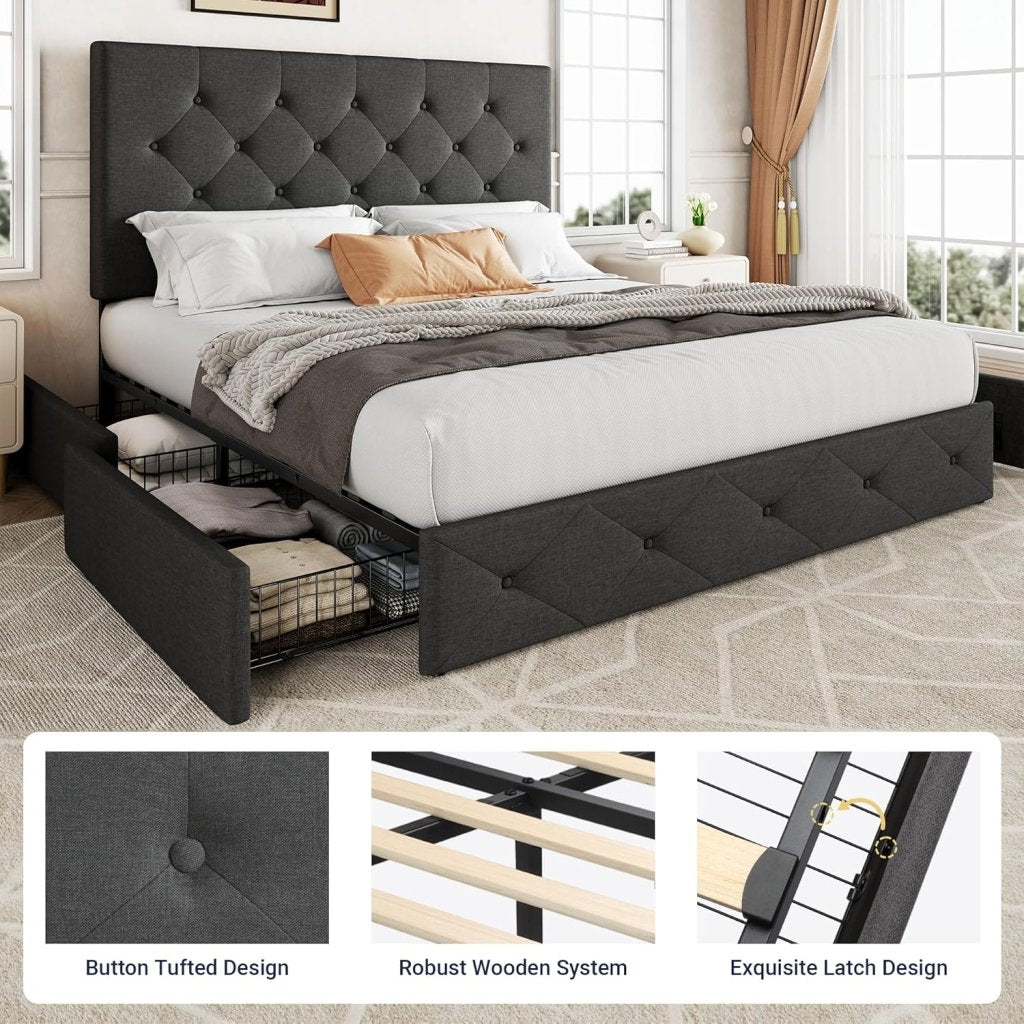 Allewie Upholstered Queen Size Platform Bed Frame with 4 Storage Drawers and Headboard, Square Stitched Button Tufted, Mattress Foundation with Wooden Slats Support, No Box Spring Needed - Wigtrends