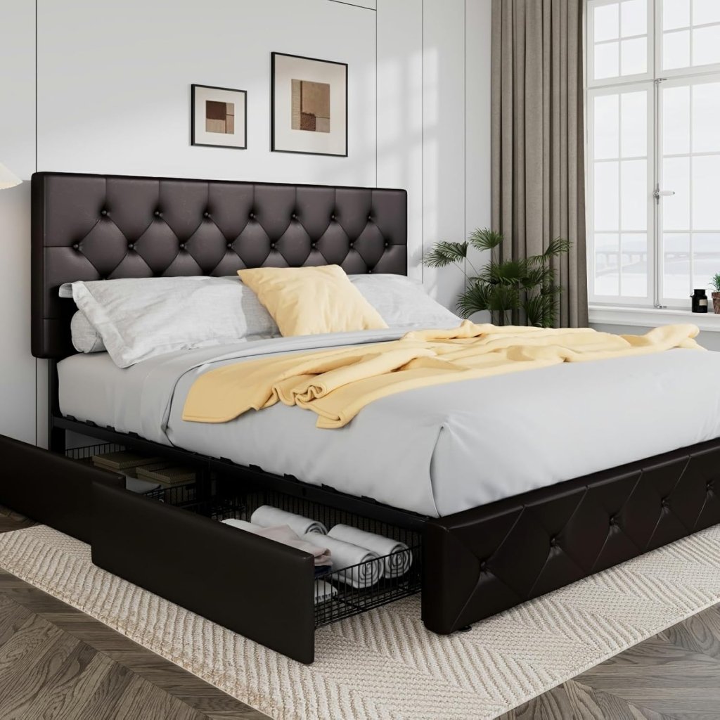 Allewie Upholstered Queen Size Platform Bed Frame with 4 Storage Drawers and Headboard, Square Stitched Button Tufted, Mattress Foundation with Wooden Slats Support, No Box Spring Needed - Wigtrends