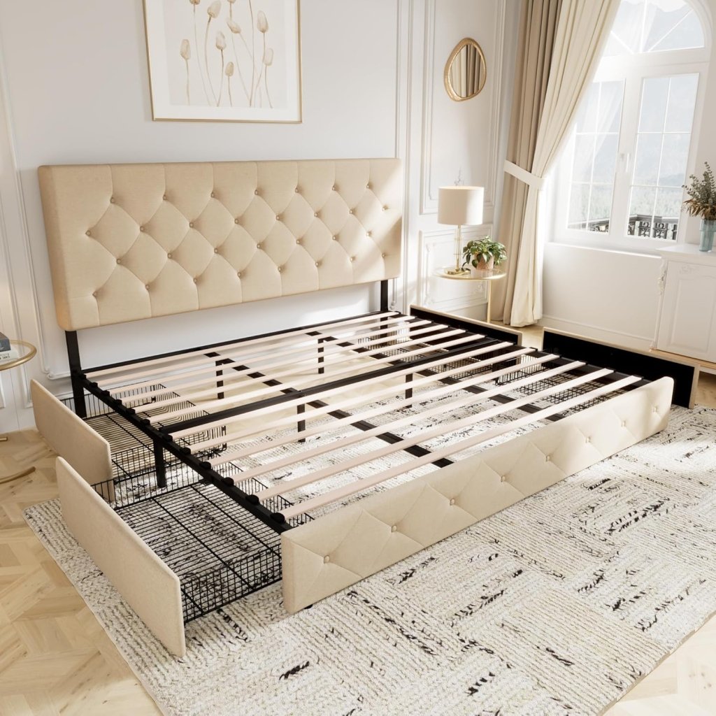 Allewie Upholstered Queen Size Platform Bed Frame with 4 Storage Drawers and Headboard, Square Stitched Button Tufted, Mattress Foundation with Wooden Slats Support, No Box Spring Needed - Wigtrends