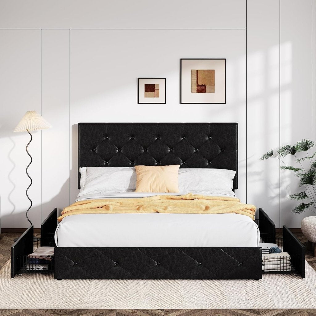 Allewie Upholstered Queen Size Platform Bed Frame with 4 Storage Drawers and Headboard, Square Stitched Button Tufted, Mattress Foundation with Wooden Slats Support, No Box Spring Needed - Wigtrends