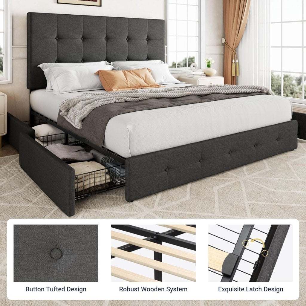 Allewie Upholstered Queen Size Platform Bed Frame with 4 Storage Drawers and Headboard, Square Stitched Button Tufted, Mattress Foundation with Wooden Slats Support, No Box Spring Needed - Wigtrends