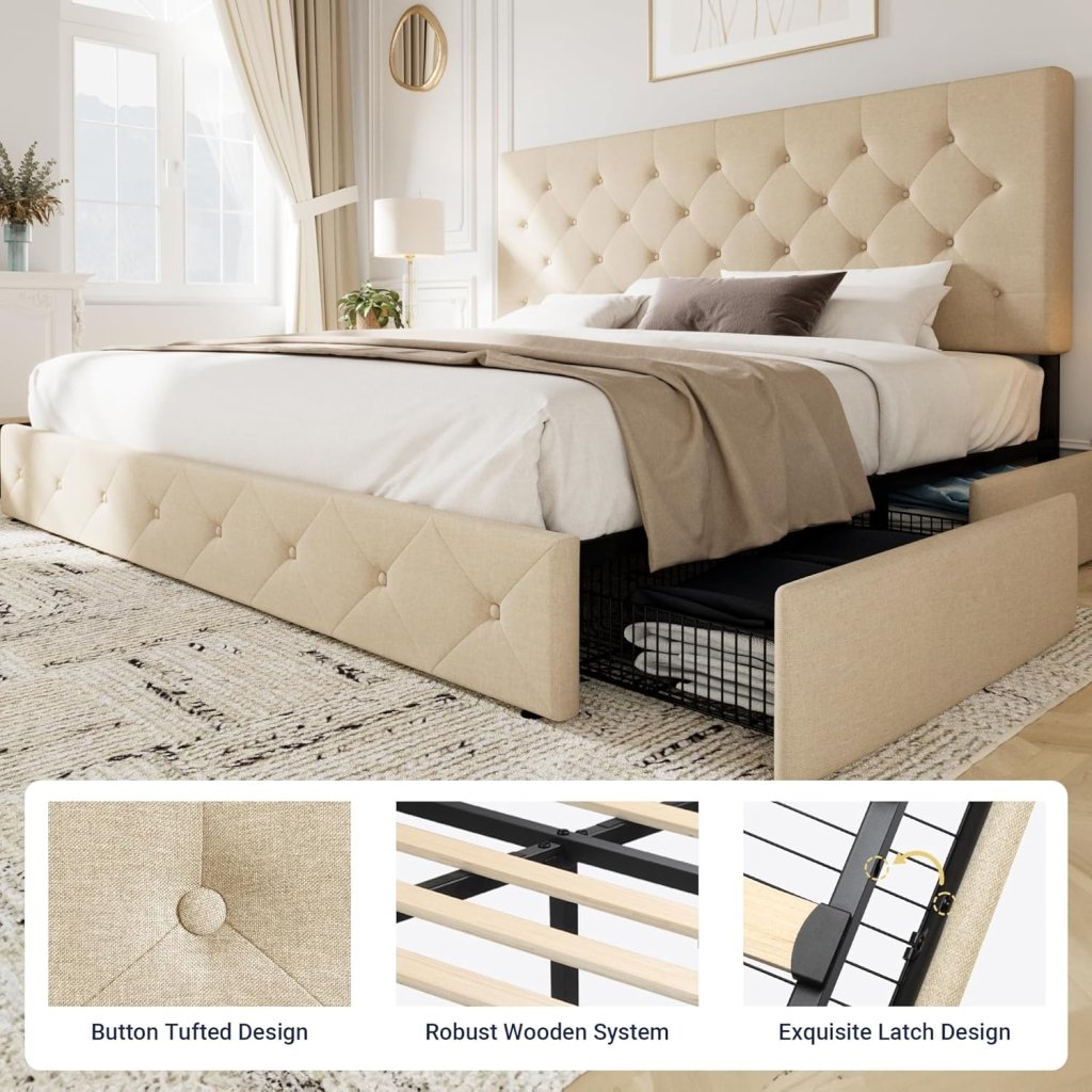 Allewie Upholstered Queen Size Platform Bed Frame with 4 Storage Drawers and Headboard, Square Stitched Button Tufted, Mattress Foundation with Wooden Slats Support, No Box Spring Needed - Wigtrends