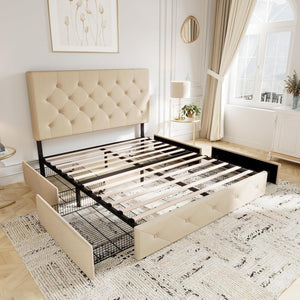 Allewie Upholstered Queen Size Platform Bed Frame with 4 Storage Drawers and Headboard, Square Stitched Button Tufted, Mattress Foundation with Wooden Slats Support, No Box Spring Needed - Wigtrends