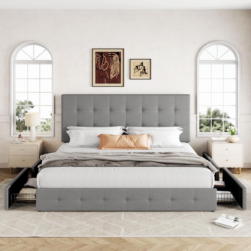 Allewie Upholstered Queen Size Platform Bed Frame with 4 Storage Drawers and Headboard, Square Stitched Button Tufted, Mattress Foundation with Wooden Slats Support, No Box Spring Needed - Wigtrends
