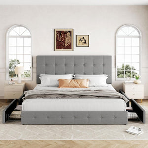 Allewie Upholstered Queen Size Platform Bed Frame with 4 Storage Drawers and Headboard, Square Stitched Button Tufted, Mattress Foundation with Wooden Slats Support, No Box Spring Needed - Wigtrends