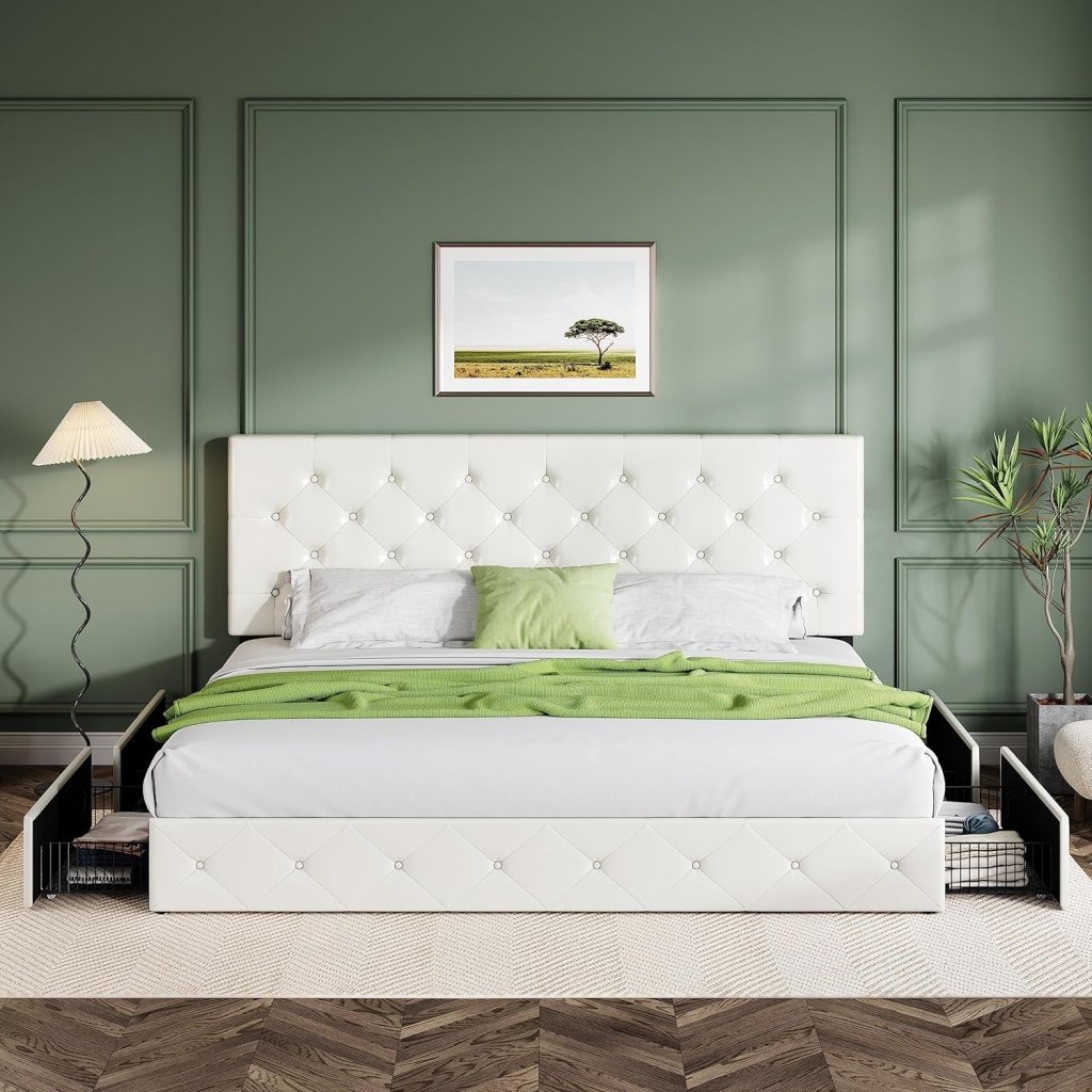 Allewie Upholstered Queen Size Platform Bed Frame with 4 Storage Drawers and Headboard, Square Stitched Button Tufted, Mattress Foundation with Wooden Slats Support, No Box Spring Needed - Wigtrends