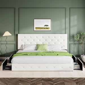 Allewie Upholstered Queen Size Platform Bed Frame with 4 Storage Drawers and Headboard, Square Stitched Button Tufted, Mattress Foundation with Wooden Slats Support, No Box Spring Needed - Wigtrends