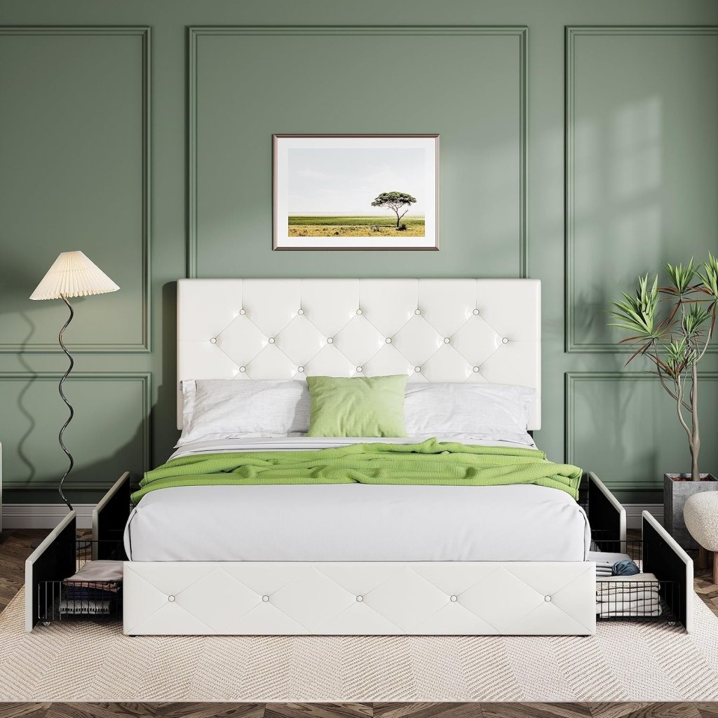 Allewie Upholstered Queen Size Platform Bed Frame with 4 Storage Drawers and Headboard, Square Stitched Button Tufted, Mattress Foundation with Wooden Slats Support, No Box Spring Needed - Wigtrends