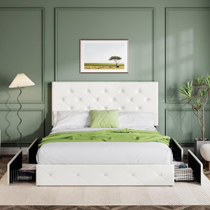 Allewie Upholstered Queen Size Platform Bed Frame with 4 Storage Drawers and Headboard, Square Stitched Button Tufted, Mattress Foundation with Wooden Slats Support, No Box Spring Needed - Wigtrends