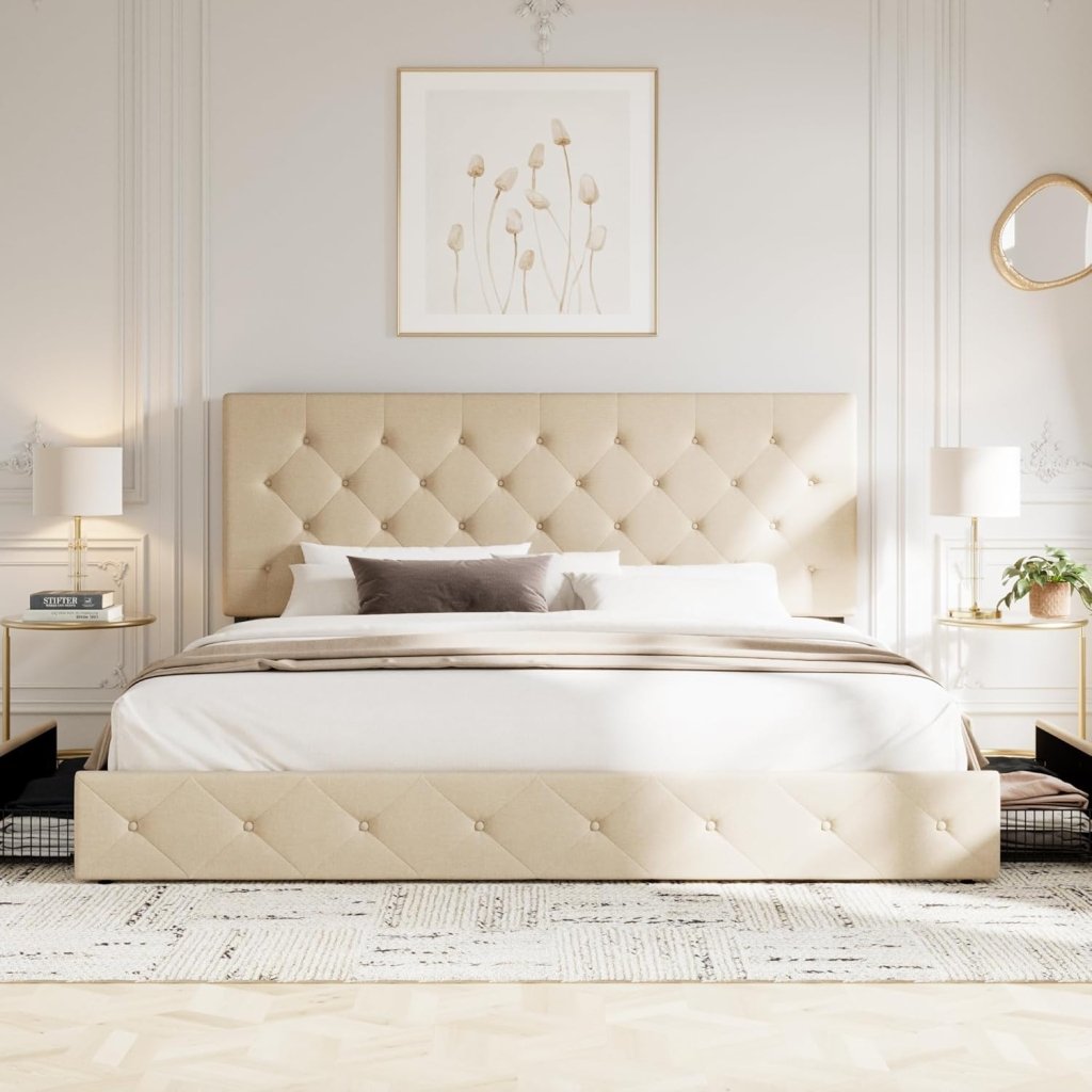 Allewie Upholstered Queen Size Platform Bed Frame with 4 Storage Drawers and Headboard, Square Stitched Button Tufted, Mattress Foundation with Wooden Slats Support, No Box Spring Needed - Wigtrends