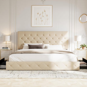 Allewie Upholstered Queen Size Platform Bed Frame with 4 Storage Drawers and Headboard, Square Stitched Button Tufted, Mattress Foundation with Wooden Slats Support, No Box Spring Needed - Wigtrends