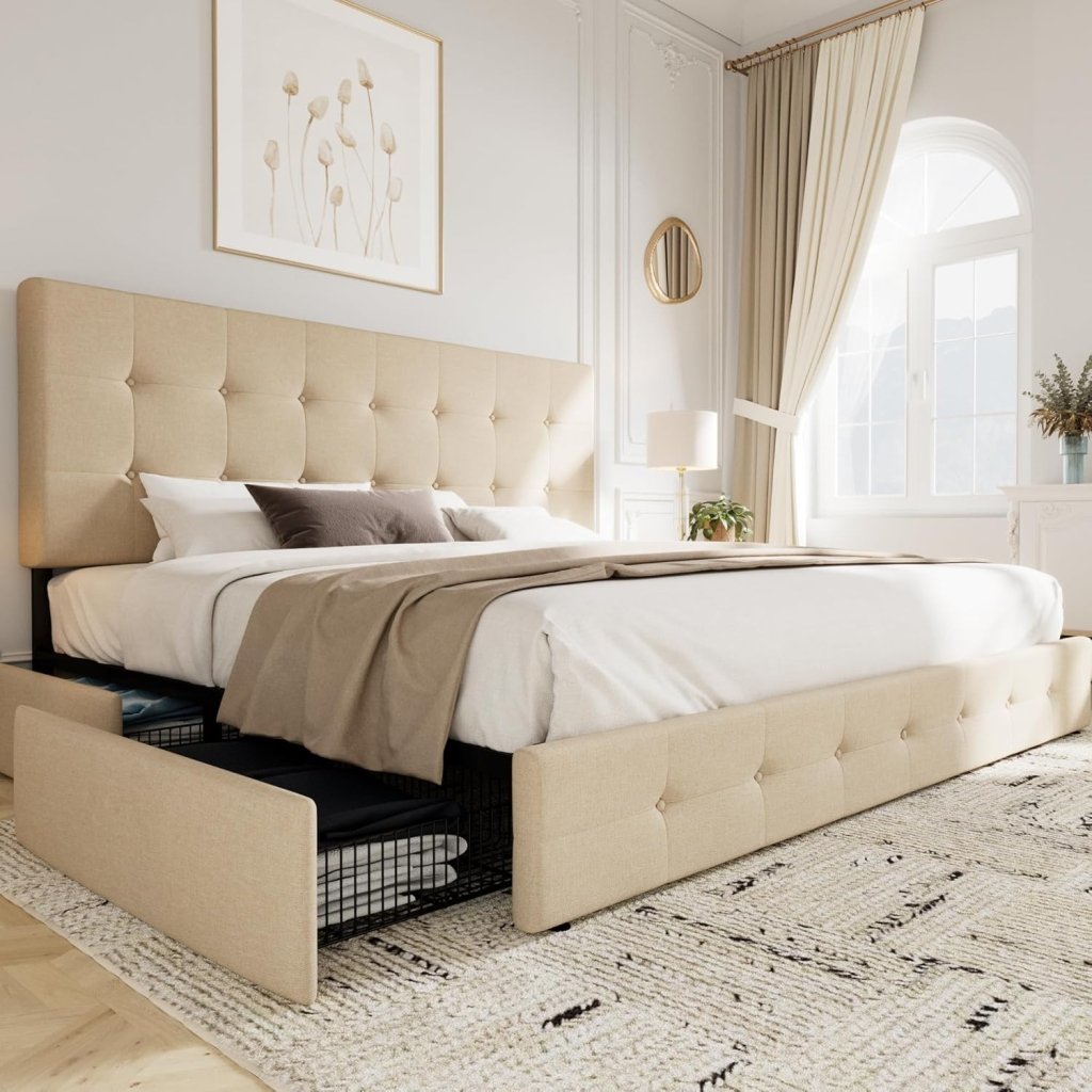 Allewie Upholstered Queen Size Platform Bed Frame with 4 Storage Drawers and Headboard, Square Stitched Button Tufted, Mattress Foundation with Wooden Slats Support, No Box Spring Needed - Wigtrends