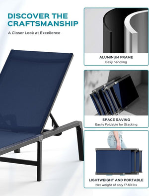 Aluminum Chaise Lounge Ourdoor - Foldable & Assemble Free Outdoor Lounge Chair with 5 Adjustable Backrest, Patio Lounge Chair for Outside Poolside Beach Pool, Black - Wigtrends