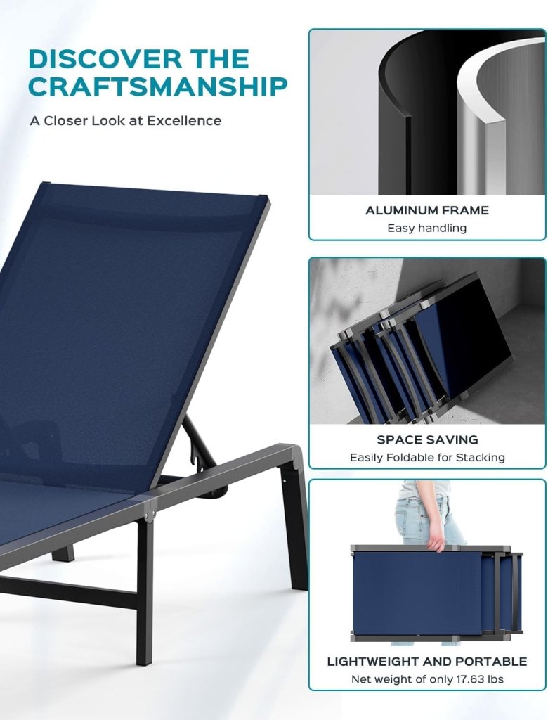 Aluminum Chaise Lounge Ourdoor - Foldable & Assemble Free Outdoor Lounge Chair with 5 Adjustable Backrest, Patio Lounge Chair for Outside Poolside Beach Pool, Black - Wigtrends