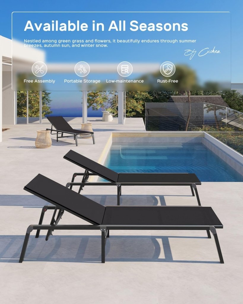 Aluminum Chaise Lounge Ourdoor - Foldable & Assemble Free Outdoor Lounge Chair with 5 Adjustable Backrest, Patio Lounge Chair for Outside Poolside Beach Pool, Black - Wigtrends