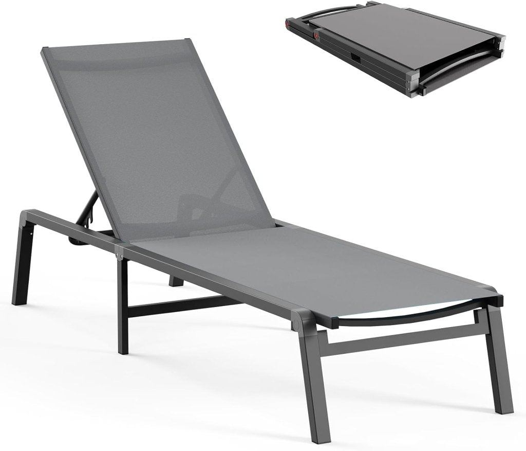 Aluminum Chaise Lounge Ourdoor - Foldable & Assemble Free Outdoor Lounge Chair with 5 Adjustable Backrest, Patio Lounge Chair for Outside Poolside Beach Pool, Black - Wigtrends